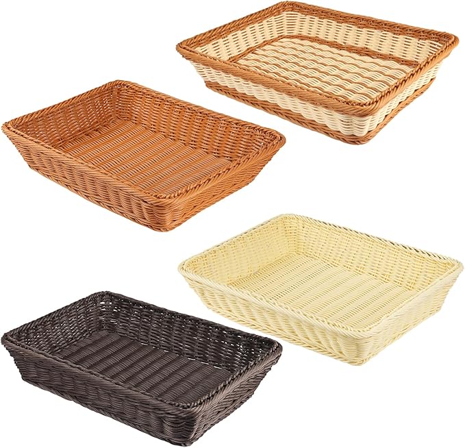 4 PCS 16x12 Inch Wicker Bread Basket, Woven Serving Basket, Tabletop Food Serving Basket for Restaurant, Bakery, Family Party, Hotel Serving, Fruits, Vegetables and Snacks(4 color)