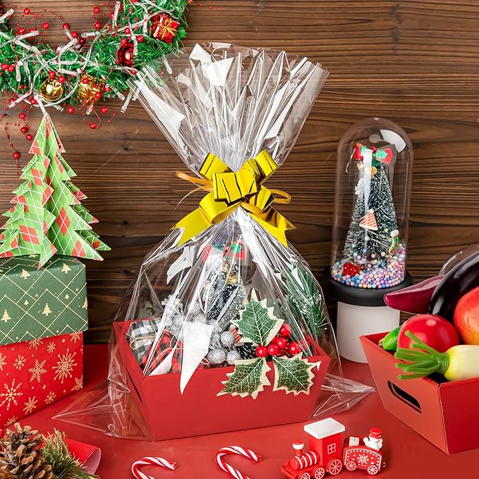 Fainne 74 Pcs Baskets for Gifts Empty Bulk DIY Empty Gift Basket Include 20 Kraft Cardboard Tray with Handles 30 Bags 24 Bows for Christmas Thanksgiving Birthdays Snacks Party, 8" x 6" x 3"(Red)