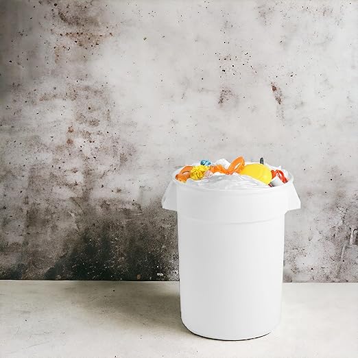 PRO&Family Commercial Round Trash Can with Lid and Dolly Rolling Waste Container, Ingredient Bin, Heavy-Duty Plastic, Anti-Static, Kitchen, Office, Outdoor Use (White, 44 Gallon)