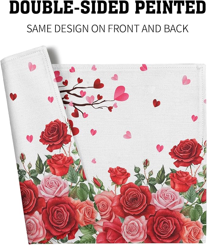 Giwawa Valentine's Day Placemats, Romantic Love Hearts Tree Branches Rose Floral Table Mat, Heat Stain Resistant Linen Place Mats for Kitchen Dining Wedding Anniversary Decor, 12"x18", Set of 4