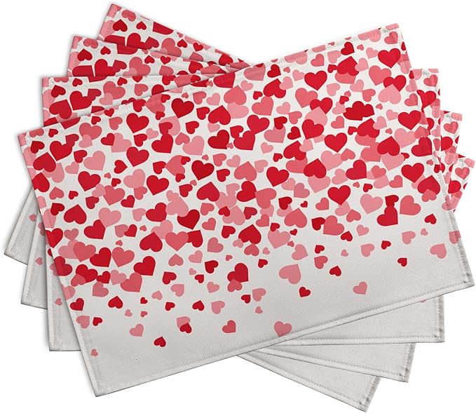 Valentine's Day Pink Love Heart Placemats Set of 4 Valentine Dining Place Mat Heat Resistant Washable Wedding Anniversary Rectangle Table Mat for Outdoor Kitchen Home Party 12x18 Inch