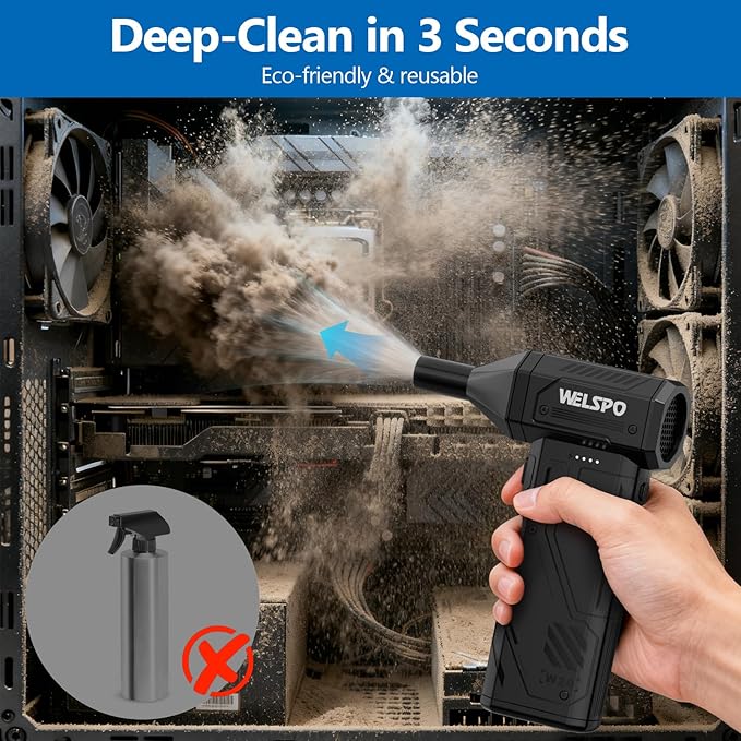 Welspo Compressed Air Duster 260000RPM Super Power Electric Air Duster Rechargeable, 3-Gear Adjustable Blower with Brushless Motor, Cordless Dust Blower for Keyboard, PC, Car, Home & Outdoor Use