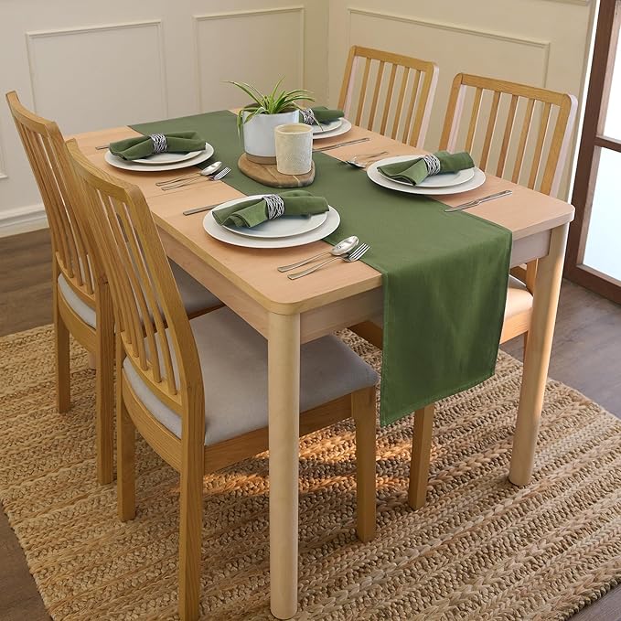 Encasa XO Table Runner 13"x104" Long | Cotton Canvas Fabric | Leaf Green Solid Color | Machine Washable & Durable
