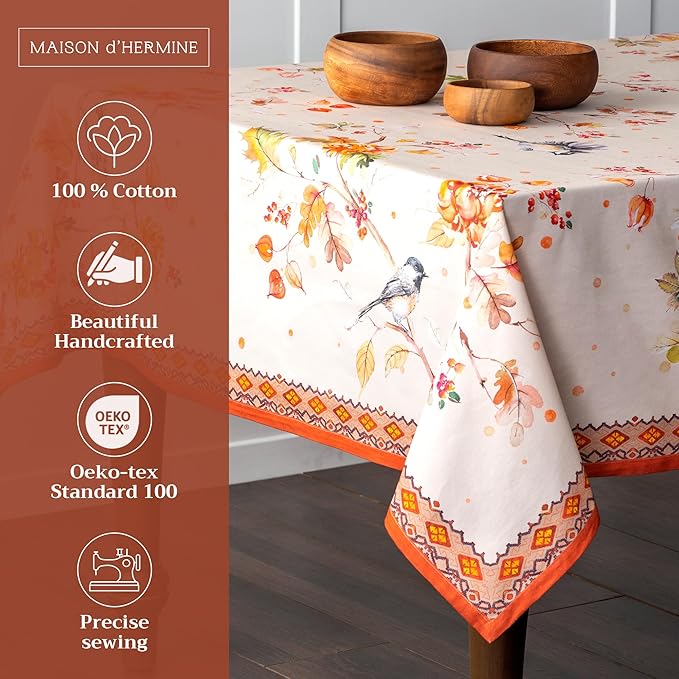 Maison d' Hermine Table Cloth Square Table 100% Cotton 60 x 60 Inches Fall Tablecloth Reusable Everyday Use for Thanksgiving Christmas Decorations Dining Farmhouse Party (Kelim - Prairie)