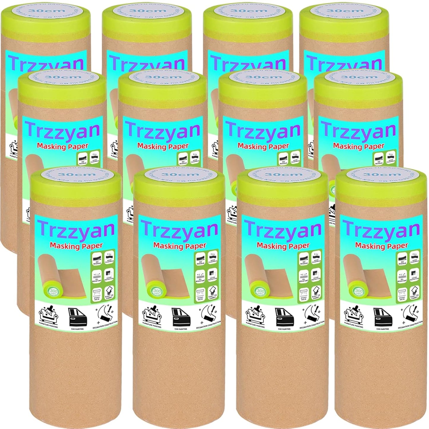 12Inchx50Feet Pre-Taped Masking Paper Roll - Heavy Painters Paper with Adhesive, Tear-Resistant for Auto Body, Wall Painting, Floor Protection, Furniture&DIY Projects(12 Roll) (12, 12inch*50feet)