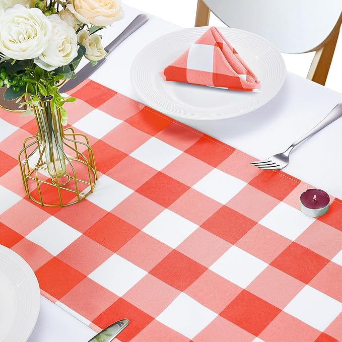Fabric Checkered Table Runner 6 Pack Waterproof Gingham Table Runner 14W x 108L Buffalo Check Table Runners for Parties Kitchen Dining Wedding Banquet (Red and White)