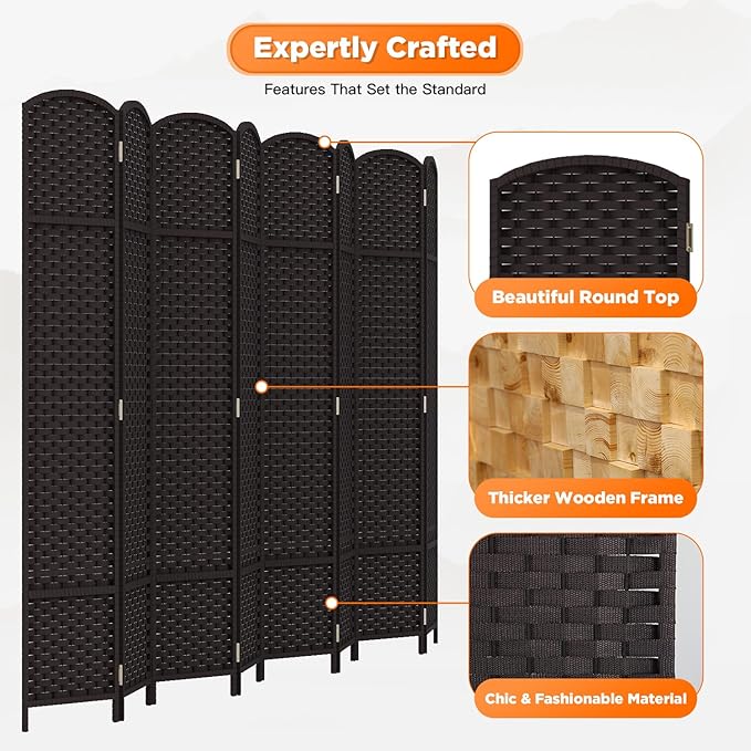 Room Divider 8 Panel Screen 5.6 Ft Tall Partition Room Dividers Brown Privacy Screens Folding Room Separation Free Standing Waterproof Wood Frame Wall Divider