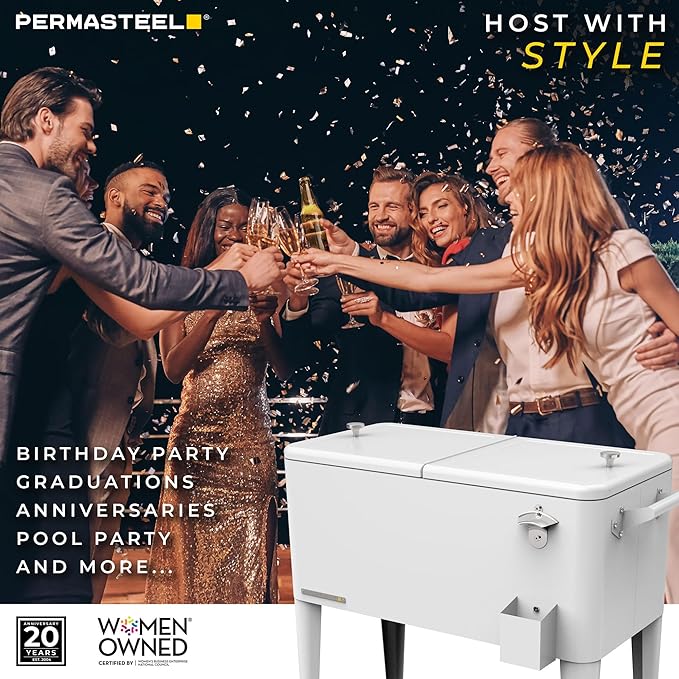 Permasteel 80 Quart Party Cooler, Rolling Ice Chest with Wheels and Handles for Indoor Outdoor Patio