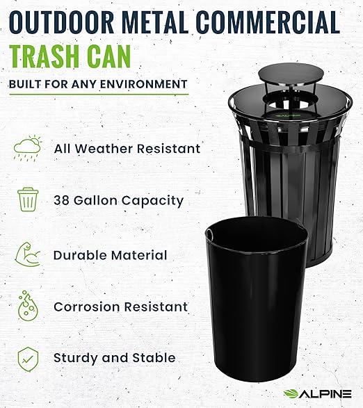 Alpine Industries 38 Gallon Commercial Outdoor Metal Trash Can with Liner, Flat Lid & Rain Bonnet