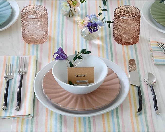 Solino Home Linen Table Runner 90 Inches Long - Julia, 100% Pure Linen Multicolor Muted Pastel Stripe Table Runner 14 x 90 Inch for Dining, Spring, Easter