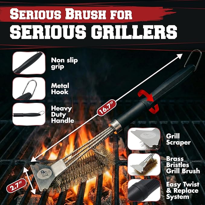 KITCHEN PERFECTION Brass GrillSaver - Safe BBQ Grill Brush with Replaceable Cleaning Head -Heavy-Duty Grill Cleaner w/Scraper for Porcelain & Ceramic Grates, Includes Magnetic Hanger & Bottle Opener
