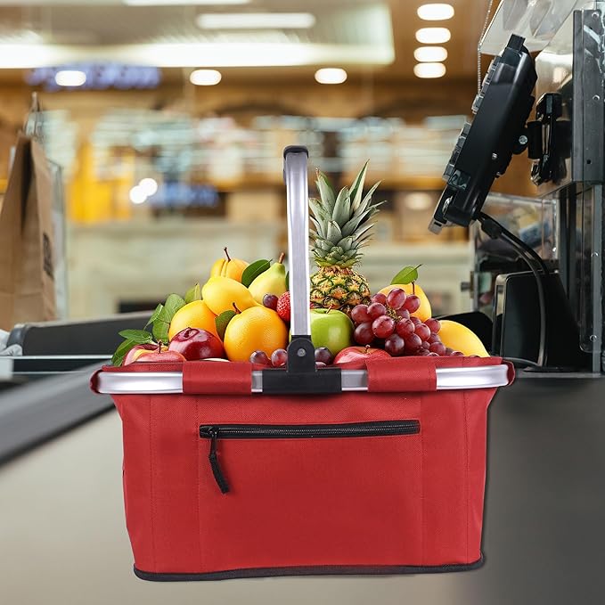 Picnic Basket, SIYUAN Shopping Basket with Handle 22L Collapsible Grocery Basket Portable Folding Bag for Marketing Picnic, Ruby Red