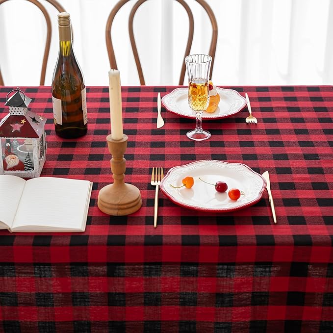 Christmas Gingham Tablecloth Heavy Duty Cotton Linen Red 60x84 inch Plaid Christmas Table Cloth Reusable Waterproof Foldable Tablecloths Xmas Table Cover for New Year Party Decor