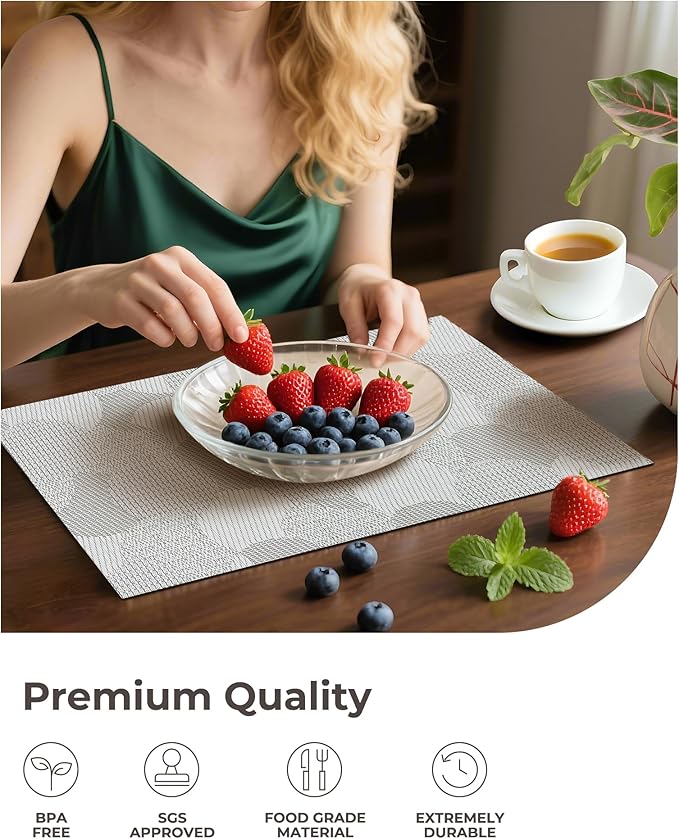 Leetaltree White Placemats Set of 8 - Heat Resistant Non-Slip Place mats for Dining Table, Washable Durable PVC Vinyl Woven Table Mats（White Circle,8）