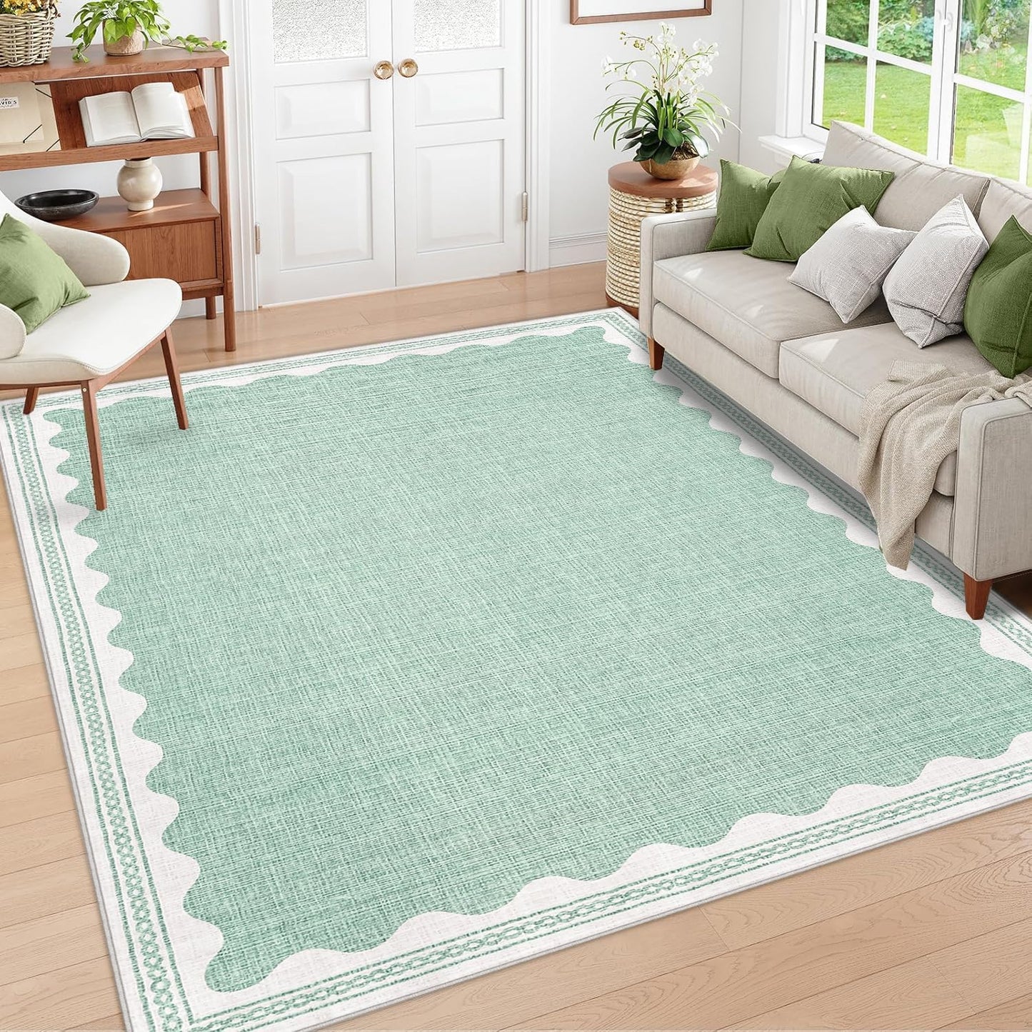 Scalloped Washable Rug 8x10 Area Rugs for Living Room, Solid Green Rug for Bedroom Girls, Non Slip Throw Carpet with Rubber Back, Soft Dorm Nursery Scalloped 8x10 Rugs for Dining Room