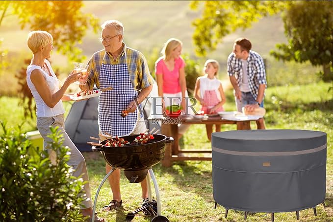 Fire Pit Cover 600D Heavy Duty Waterproof Fabric With PVC Coating Round 48" Dia x 28" H Dark Grey Fits 44-47 inch Fire Pit Table Fade Resistant Outdoor Firepit Cover