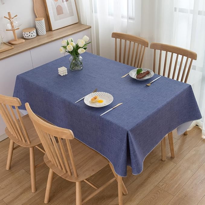 LIBERECOO Vinyl Tablecloth with Flannel Backing, Denim Blue, Waterproof, Stain-Resistant, Easy-Clean Table Cover for Dining, Kitchen, and Outdoor Use, 60" x 102" Rectangle