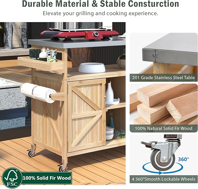 Grill Table,Rolling Bar Cart, Storage Cabinet, Artificial Board,with Stainless Steel Top, Spice Rack, Towel Rack, Storage Space,Kitchen,Outdoor