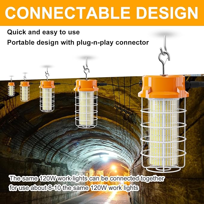 120W LED Temporary Work Light 18000LM Construction Lights 5000K Led Work Light IP67 Dust Waterproof Portable Lights with Stainless Steel Guard Hook for Factory Mine Wharf Job Site Garage Temp Lighting
