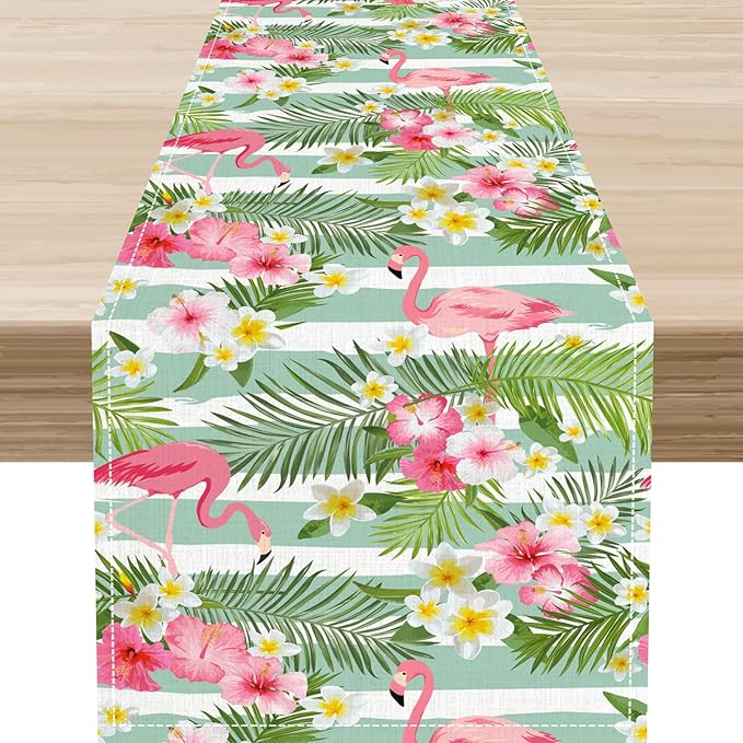 Tropical Flamingo Table Runner,Green White Stripes Palm Leaves Floral Hawaii Seasonal Holiday Celebration Kitchen Dining Table Decoration for Home Party Decor, 13"x90"