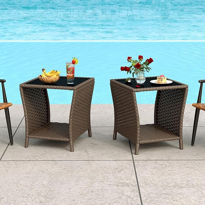 kinbor Outdoor Wicker Side Table - Set of 2 Tempered Glass Top Small Outdoor Table with Storage Shelf for Patio, Balcony & Porch, Durable PE Rattan & Iron Frame