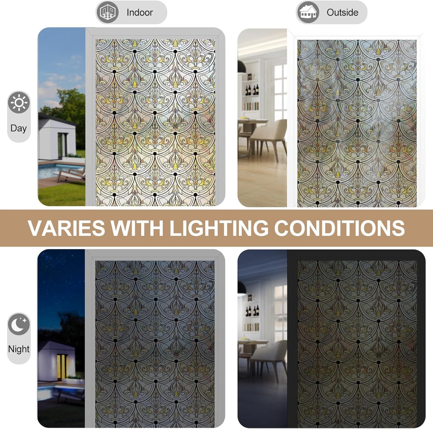 3D Stained Glass Window Film, Decorative Window Privacy Film for Bathroom,Front Door,Home, Sun Blocking Heat Control,Static Cling, Removable Non-Adhesive Golden Ironwork 23.6inch x 35.4inch