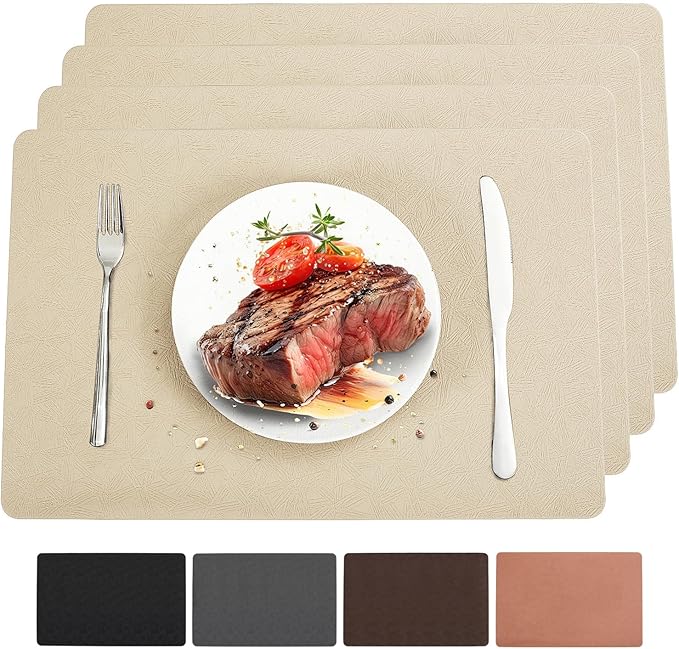 Vinyl Placemats Set of 4 Heat Resistant Easy Clean Non-Slip Place Mats for Dining Table. Faux Leather Waterproof Stain Resistant Wipeable Washable PU Table Mats(4, Beige)