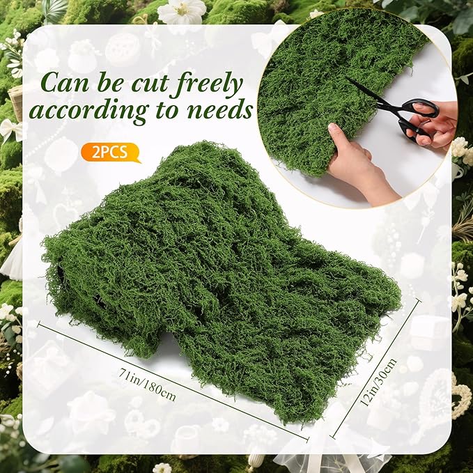 Zeyune 2 Pcs Fake Moss Table Runner for Crafts 12'' x 71'' Artificial Moss Sheet Roll Waterproof Carpet Blanket for Wall Roof Garden Wedding Birthday Party Table Decoration (Green)