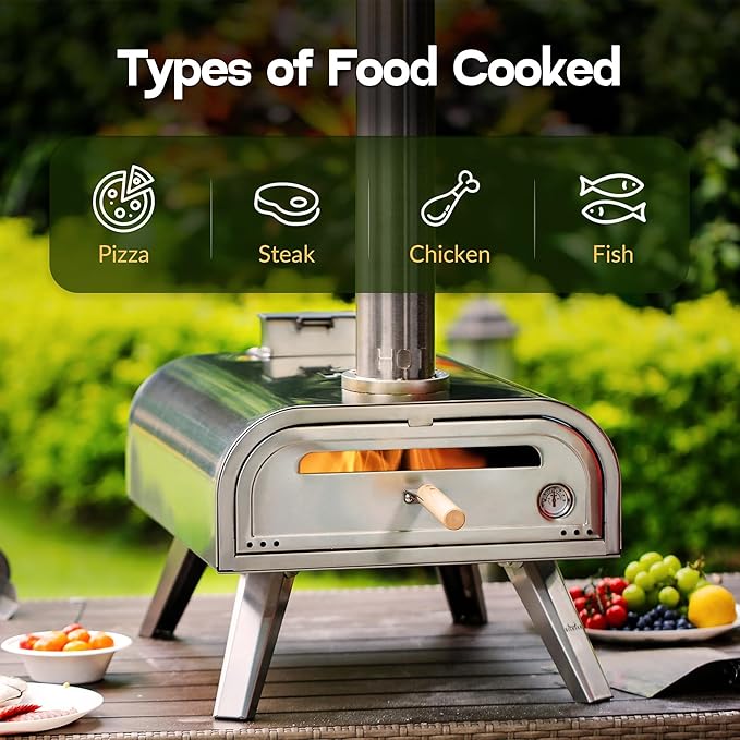 BIG HORN OUTDOORS 16" Woodfire Pizza Stone Oven, 1112°F Outdoor Stainless Pizza Cooker, Portable for Party Usage, Sliver