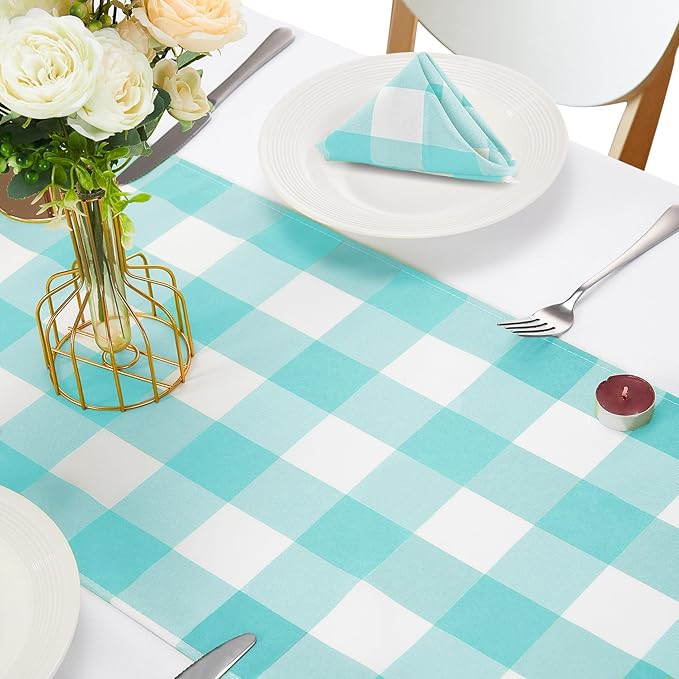 Fabric Checkered Table Runner 12 Pack Waterproof Gingham Table Runner 14W x 108L Buffalo Check Table Runners for Parties Kitchen Dining Wedding Banquet (Aqua and White)
