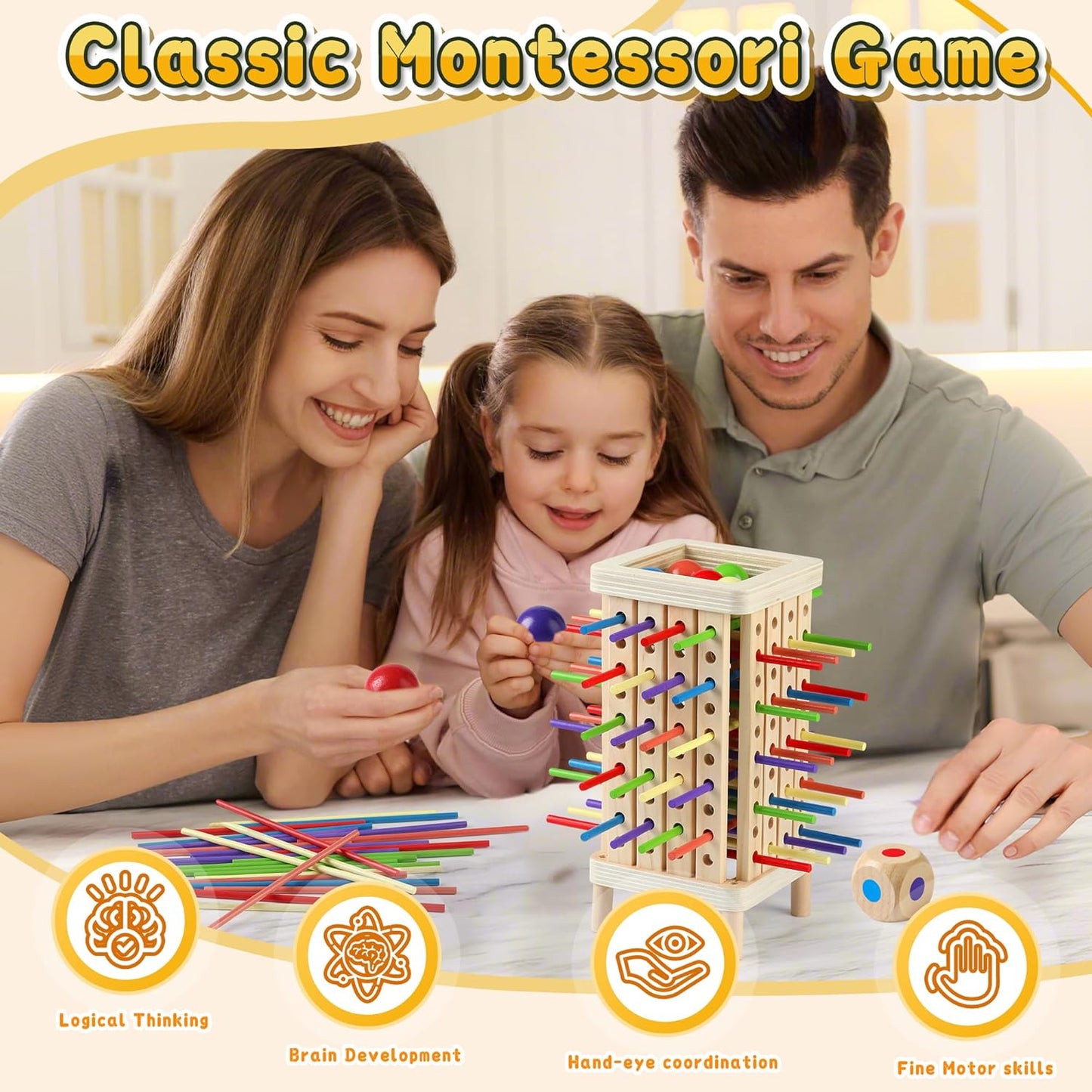 Montessori Game Wooden Board Game, Multiplayer for Kids 4-8, Math Educational, Fine Motor Skill Toy for Girls Boys, Classic Fun Games for Age 3 4 5 6 7 8 Girls Boys Gifts (Regular)