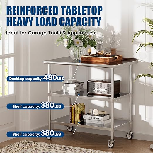 Stainless Steel Work Table with Wheels, 24x48 Inch NSF Food Prep Table with Backsplash & 2 Adjustable Undershelves for Commercial Kitchen, Restaurant, Garage