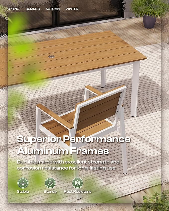 67"*32.3"*29.5" Patio Dining Table, Seamless Rectangle Aluminum + HDPS Outdoor Patio Dining Table with Umbrella Hole, Weather-Resistant for Lawn, Garden, Yard and Indoor Use (White & Teak)