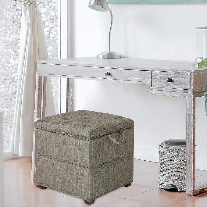 Adeco 18 Inch High Cube Ottoman Storage, Linen Grey Chair Foot Stools with Tray, Upholstered Vanity Stool