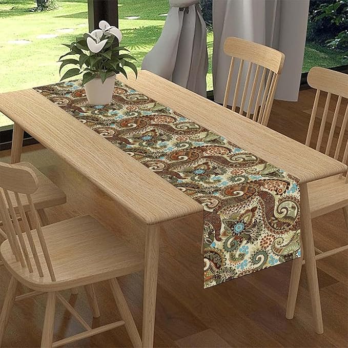 Brown Paisley Table Runner, Rustic Damask Antique Floral Flower Retro Boho Swirled Pattern Vintage Coffee Table Center Decor for Family Kitchen and Living Room Outdoor Table Decorations, 13"x90"