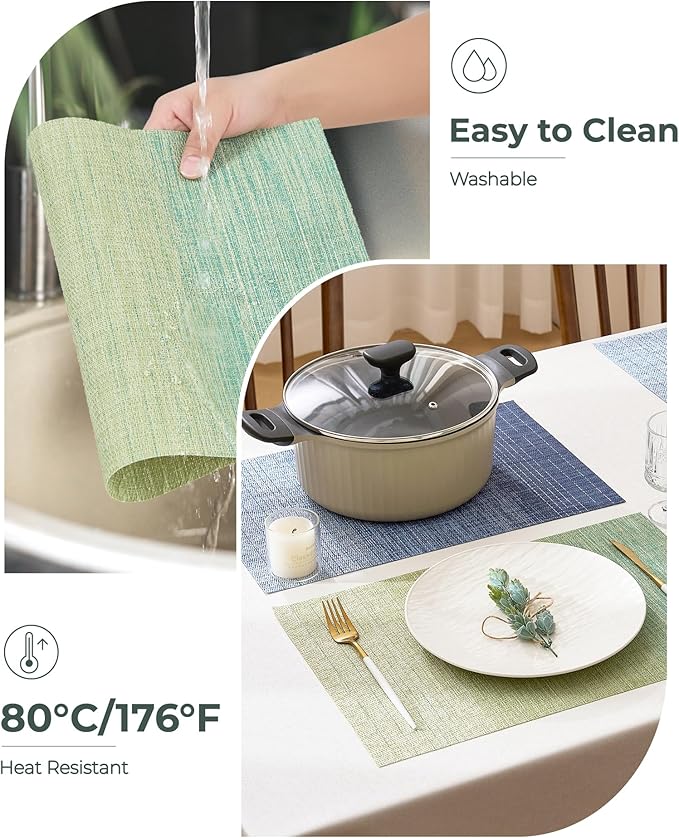 Leetaltree Gradient Green Woven Placemats Set of 12 - Heat Resistant Non-Slip Place mats for Dining Table, Washable Durable PVC Vinyl Woven Table Mats(Gradient Green, 12)