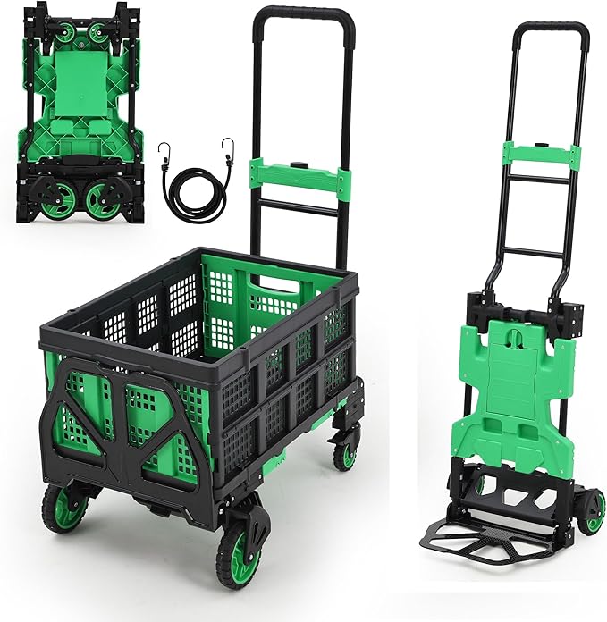 2-in-1 Folding Hand Truck with Basket, Heavy Duty 330LBS Collapsible Cart, Convertible Dolly & 4-Wheel Portable Shopping Cart for Groceries, Travel, Moving - Green