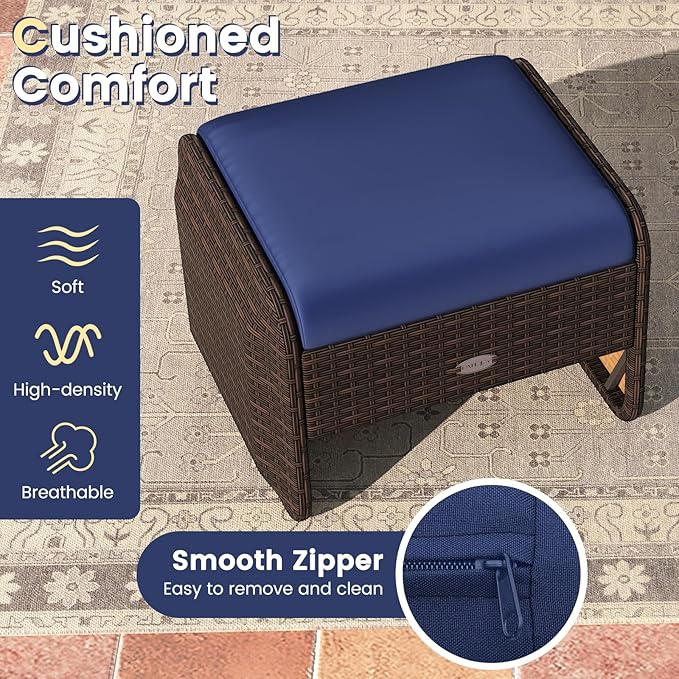 Tangkula 2 Pieces Patio PE Wicker Ottomans with Removable Cushions, Multipurpose Outdoor Furniture for Additional Seating, Footrest and Side Table, Outdoor Footstools for Porch, Backyard (Navy)