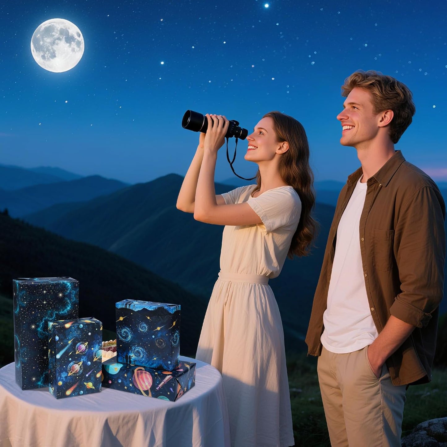 Pineraap 12 Sheets Galaxy Telescope Wrapping Paper, Starry Sky Gift Wrap Folded Flat Blue Space Craft Paper for Astronomy Lovers Birthday Party Baby Shower Present Packing, 19.7 x 27.6 Inch