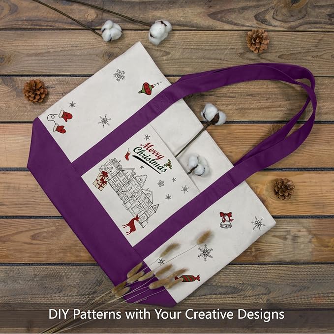 TOPDesign 6-Pack Canvas Tote Bags with an External Pocket, Reusable Grocery Shopping Bags, Top Zipper Closure, Daily Essentials (Purple/Natural)