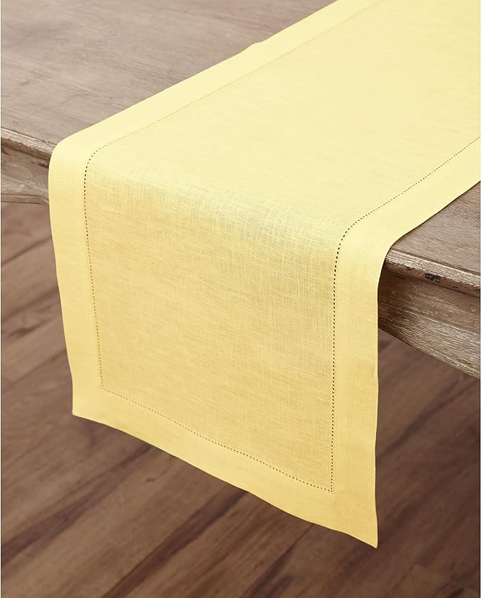 Solino Home Linen Yellow Table Runner 144 Inches Long - 100% Pure Linen Extra Long Table Runner 14 x 144 Inch for Valentines, Spring, Easter - Classic Hemstitch