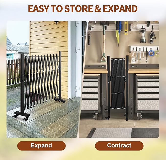 TECSPACE Aluminum Expandable Garden Fence, Portable Barricade Gate with Casters, Expansion Size 126×15.2×40.6 inches, Adjustable Retractable Fence Mobile Barricade Safety Barrier
