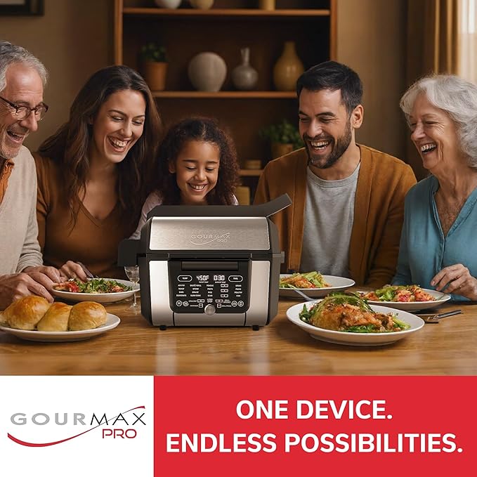 Foodgenie Gourmax Pro One Cooking Device - All-in-One Oven, Smokeless Grill, Air Fryer, Griddle, Cooker & More – 16 Preset Functions, Smart Temperature Control, Dual Surface, Dishwasher Safe, 1500W