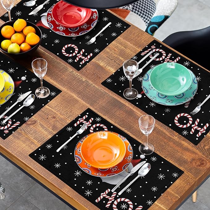 Giwawa Christmas Placemats Set of 4, Santa Claus Laugh Winter Snowflake Black Table Mat 12x18 Inch, Xmas Sweet Candy Cane Stick Heat Resistant Washable Place Mats for Dining Kitchen Holiday Decor