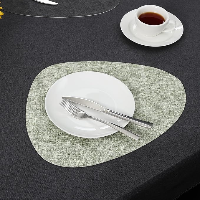 Placemats and Coasters, Washable Reversible Placemats Round Faux Leather Wipeable Place Mats Non Slip Heat Resistant Indoor Outdoor Table Mats (Set of 6, Gray Green)