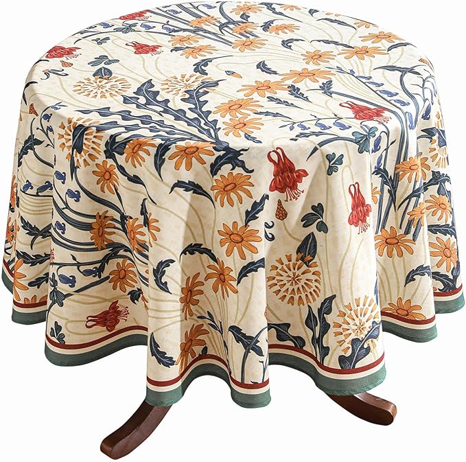 French Vintage Round Tablecloth,Linen Tablecloth with Gold and Red Floral Pattern,Decorative Table Cover for Kitchen,Dining,Thanksgiving,Party,Living Room,Diameter 67"-Tijuana