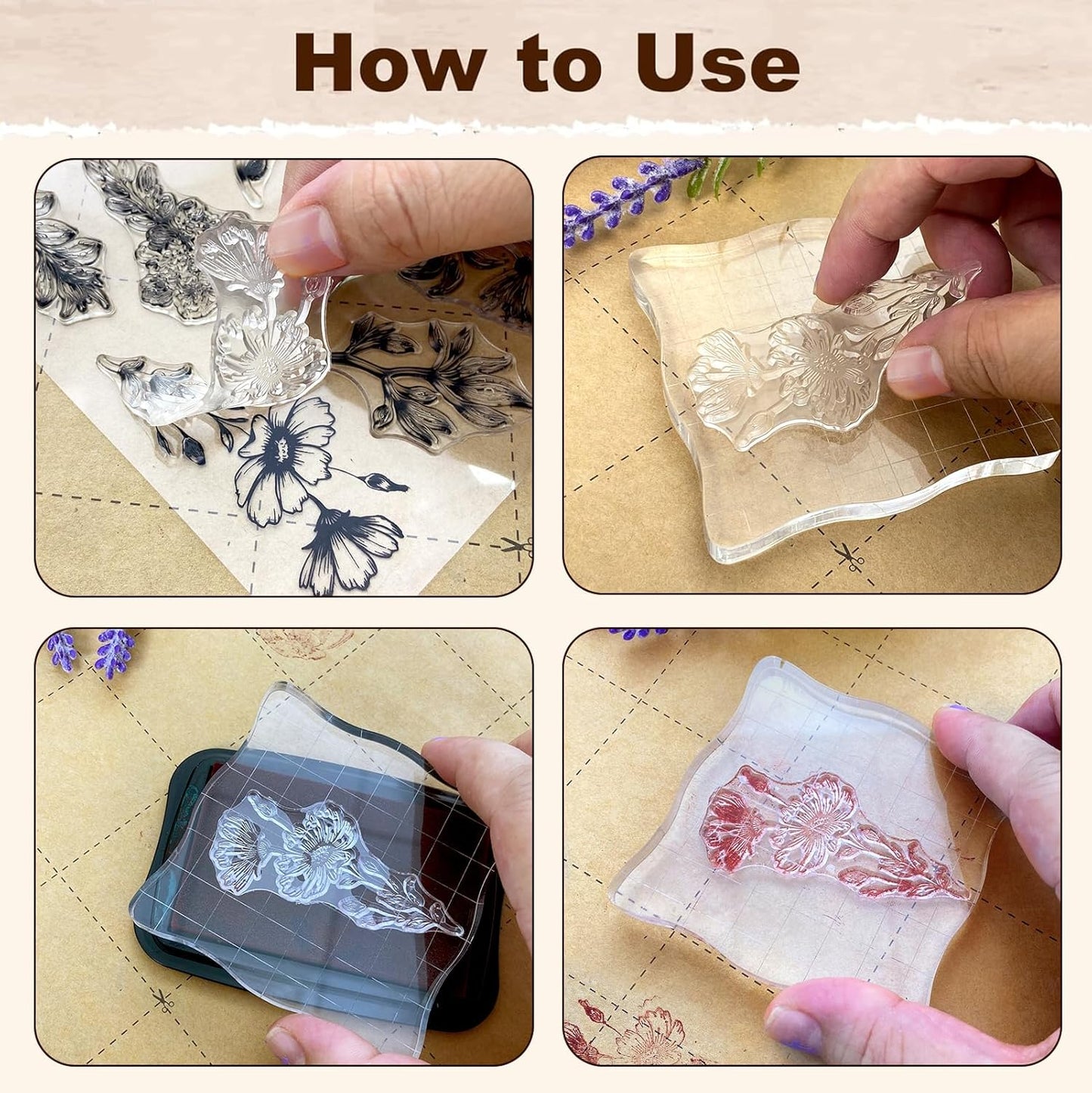 UCEC 4 Sheets Clear Stamps Set for Card Making, 2 Pcs Acrylic Stamp Block (7.5*7.5cm & 5*5cm), Vintage Plants Flowers Rubber Silicone Stamps, Small Clear Stamps for Crafts Decoration DIY Scrapbooking