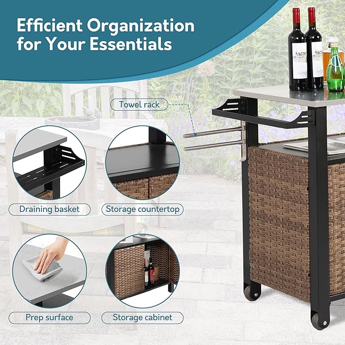 Patio Grill Cart with Wicker Storage, Outdoor Kitchen Island Serving Cart with Stainless Steel Table Top, Outdoor Prep Table and Rolling Wheels, for BBQ, Patio, Brown