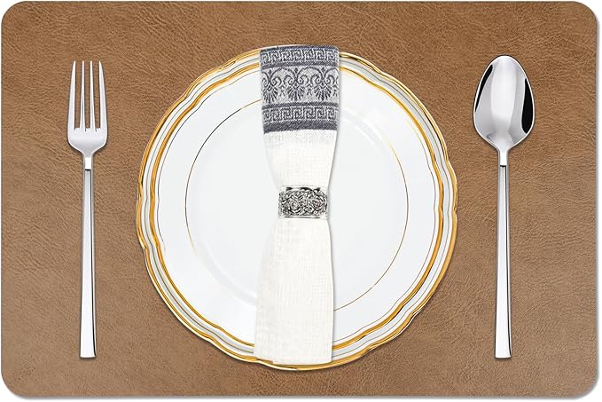 Cowhide Pattern Faux Leather Placemats Set of 6,Heat Resistant Non-Slip Waterproof Wipeable Washable Kitchen Dining PU Table Place Mats,Double-Sides Available,Light Coffee