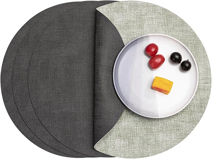 Myir JUN Round Placemats Dual Sided, Faux Leather Place Mats Set of 4 Indoor Placemat for Dining Table Outdoor Place mat Non-Slip Washable Table Mats (Gray Grass Green, Set of 4)